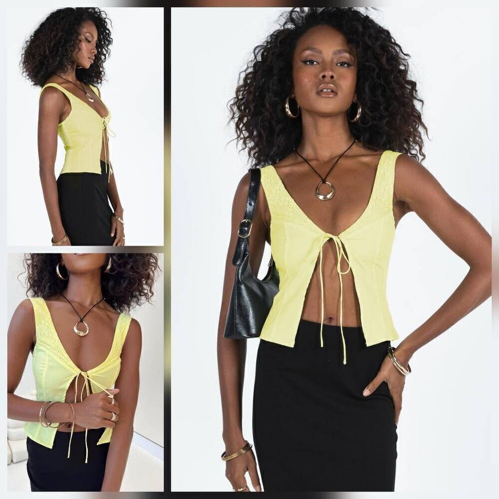 Princess Polly Little Lambs Lemon Yellow Tie-Front Sleeveless Top Lace Detail Sz